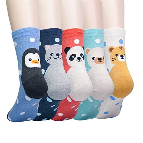 KONY 5 Pack Women's Cute Animal Socks Cotton Cat Dog Duck Patterned Novelty Fun Crew Socks Gift Size 6-9 (Panda)