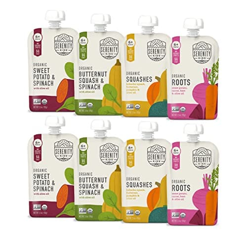 Serenity Kids 6+ Months Certified Organic Baby Food Pouches Veggie Puree | No Sugary Fruits or Added Sugar | Allergen Free | 3.5 Ounce BPA-Free Pouch | Variety Pack | 8 Count