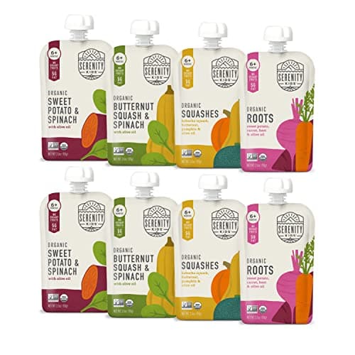 Serenity Kids 6+ Months Certified Organic Baby Food Pouches Veggie Puree | No Sugary Fruits or Added Sugar | Allergen Free | 3.5 Ounce BPA-Free Pouch | Variety Pack | 8 Count