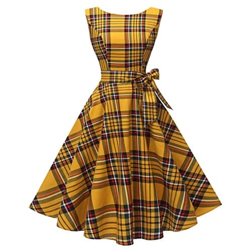 Hanpceirs Women's Boatneck Sleeveless Swing Vintage 1950s Cocktail Dress Gold Plaid M