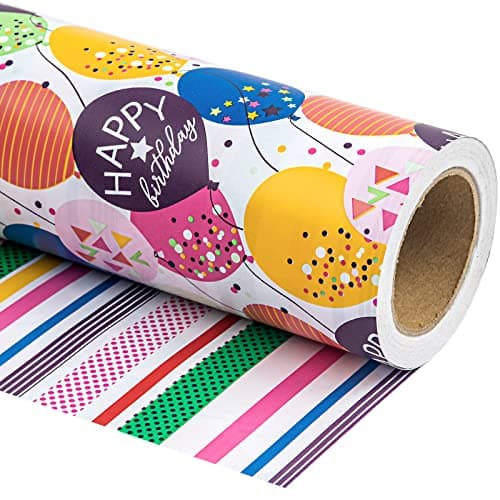 WRAPAHOLIC Reversible Birthday Wrapping Paper - Mini Roll - 17 Inch X 33 Feet - Colorful Balloon with Confetti Design for Birthday, Holiday, Party, Baby Shower