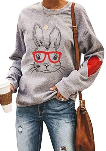 YMING Women Easter Day Bunny Print Shirts Oversized Long Sleeve Sweatshirt Crew Neck Rabbit Pullovers Grey Bunny L