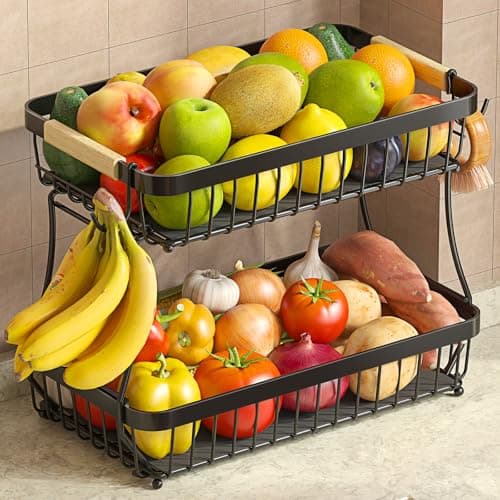 Sevenblue 2 Tier Large Fruit Basket for Kitchen Counter with 2 Mobile Banana Hangers, 2025 Pro Detachable Metal Fruit Bowl with Wooden Handle, Fruit Holder for Bread Snack Veggies with Protective Mats