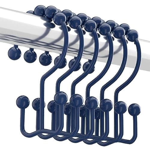 Titanker Shower Curtain Hooks Rings, Rust-Resistant Metal Double Glide Shower Hooks for Bathroom Shower Rods Curtains, Set of 12 Hooks - Navy Blue