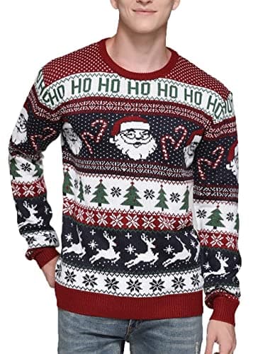 Men's Ugly Christmas Sweater Rudolph Reindeer Holiday Festive Knitted Cardigan Cute Pullover Jumper (Large, Santa&Cane Stripe)