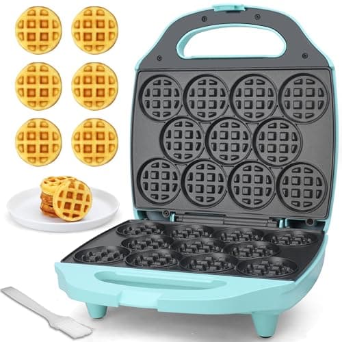 Baker's Friend, Bite-size Mini Waffle Maker for Kids & Adults, Small Waffle Maker Mini Belgian Waffle Machine, 11 X 2.2” Tiny Nonstick Waffles Iron, Recipe Included, Aqua