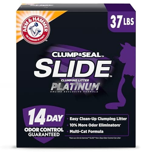 ARM & HAMMER Clump & Seal SLIDE Platinum Multi-Cat Clumping Cat Litter, 14-Day Odor Control, EZ Clean Technology, 37 lbs – No Scrubbing, Powerful Odor Eliminator