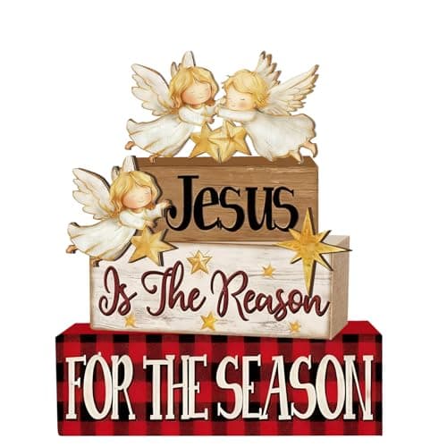 4 Pcs Christmas Decorations Indoor - Wooden Angel Table Decoration for Home - Christmas Centerpiece For Table - Winter Tiered Tray Decor Rustic Farmhouse Xmas Gift for Home Kitchen Mantel