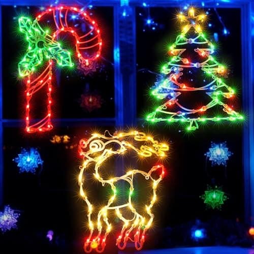 16" Christmas Window Silhouette Lights Decorations, 3 Pack Christmas Window Hanging Lights for Holiday Wall Indoor Window Decorations(Wreath, Tree and Candy Cane)