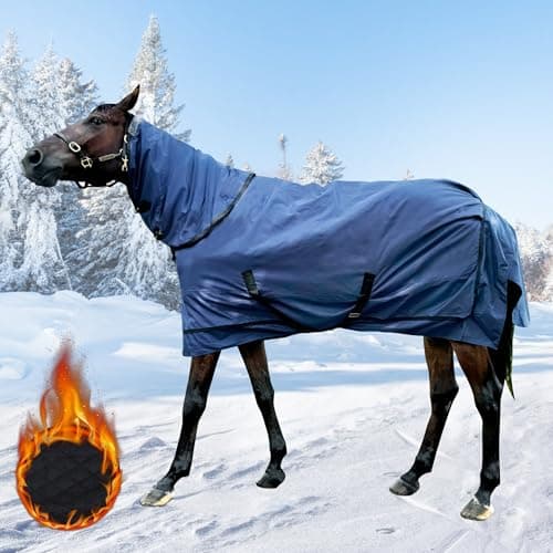 Waterproof Horse Turnout Blanket，Medium Weight Winter HorseTurnout Blanket (220g Fill) with Detachable Neck Cover，Blanket for Horse - Blue - 78 in