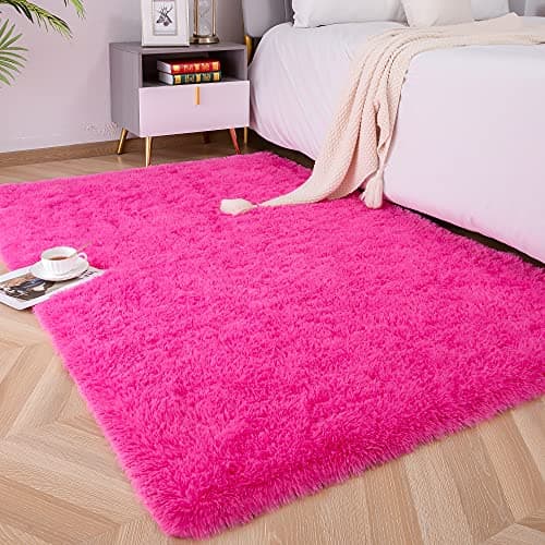 Foxmas Soft Fluffy Area Rugs for Bedroom Kids Room Plush Shaggy Nursery Rug Furry Throw Carpets for Boys Girls, College Dorm Fuzzy Rugs Living Room Home Decorate Rug, 2ft x 3ft, Hot Pink