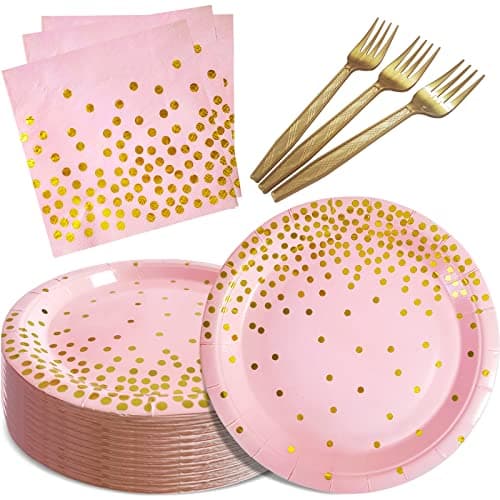 WXLDGHQ Pink and Gold Party Supplies,Serves 35 Guests Pink Paper Plates and Napkins,Disposable Party Paper Plates for Birthday Wedding Party Decorations