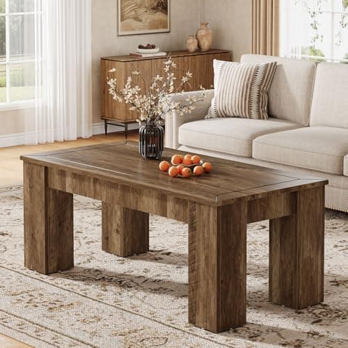 Tribesigns Rectangle Coffee Table for Living Room, 47-Inch Farmhouse Center Cocktail Table with Sturdy Legs, Rustic Brown