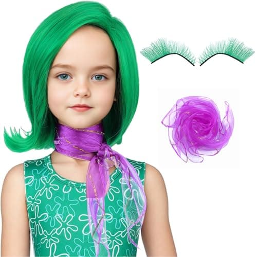 morvally Kids Green Costume Wig with Scarf and False Eyelashes Short Green Wavy Wigs for Girls Halloween Costume Emotion Anime Cosplay (Kids)