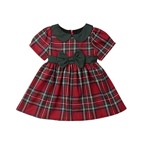 Kuriozud Toddler Baby Girl Plaid Dress Short Sleeve Bowknot Party Dress (Palid Dress with Green Bow, 1-2T)