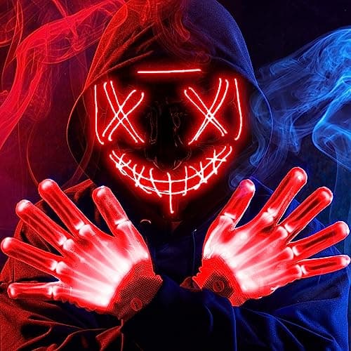 JOYIN Halloween Led Mask Light Up Scary Mask and Gloves for Cosplay Costume (Red), 3 Modes Glow in The Dark Mask for Boys Girls