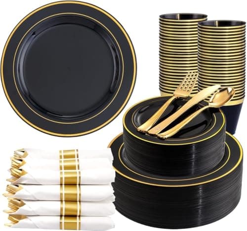 350 Pieces Black and Gold Plastic Plates with Disposable Silverware, Include 50 Dinner Plates 9”, 50 Dessert Plates 6.3”, 50 Black Cups 9 OZ, 50 Pre Rolled Napkins for New Year