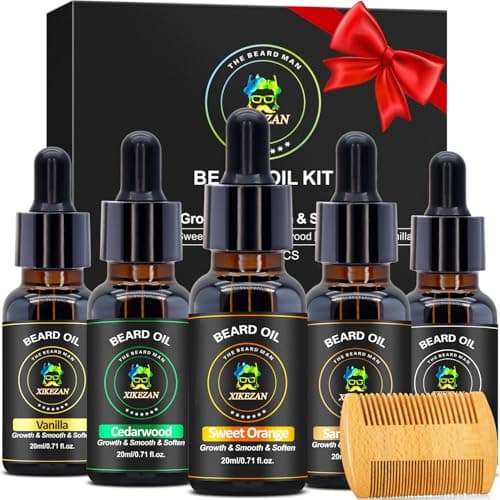 XIKEZAN 5 Pack Beard Oil Set w/Sandalwood, Orange, Vanilla, Cedarwood, Unscented for Beard Care, Moisturizing, Soften,Birthday Gifts for Men Him Dad Husband Christmas Gifts Stocking Stuffers