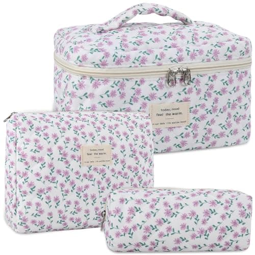 Anfly Makeup Bag, Quilted Cosmetic Bags, Large Floral Make Up Bag, Cute Makeup Bag 3PC Set for Women Girls (Purple)