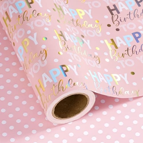 WRAPAHOLIC Reversible Birthday Wrapping Paper - Mini Roll - 17 Inch x 9.8 Feet - Rose Gold Foil and Iridescent Happy Birthday Wrapping Paper for Girls, Women, Baby Shower