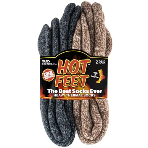 HOT FEET Thermal Socks for Men, Extreme Cold Weather, 2/4 Pack Thick Warm Socks for Men, Winter Insulated Socks, Size 6-12.5, 2 Pack, Oatmeal/Denim Heather