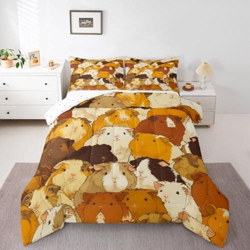jejeloiu Cartoon Hamster Bedding Set Soft for Boys Girls, Cute Guinea Pig Comforter Set Twin Size Pet Animal Duvet Quilt Microfiber Bedroom Decor 2 Pcs with 1 Pillow Cases