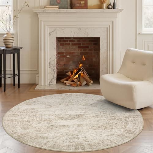 Soalmost 6x6 Beige Round Rug 6ft Living Room Circle Rug Vintage Round Area Rug Non Slip Indoor Carpet for Dining Room Bedroom