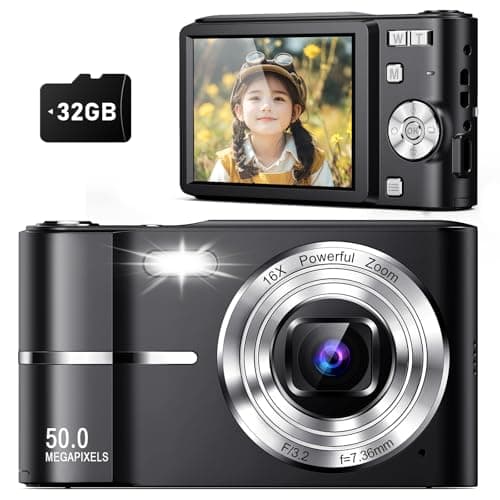 Upgrade Digital Camera, Autofocus 50MP FHD 1080P Camera for Kids with 16x Zoom Anti Shake, Compact Camera for Kid Student Children Teen Girl Boy, Kids Camera with 32GB SD Card,2 Batteries-Black