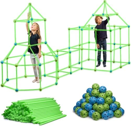 130 Piece Glow in The Dark Fort Building Kit - Indoor Play Engineering Set with Connecting Sticks & Balls - Creative STEM Building Toys