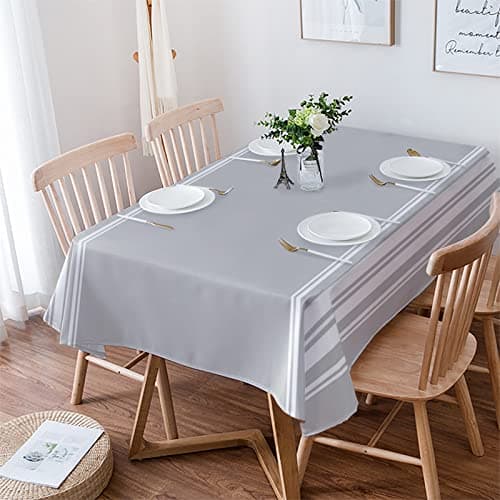 LOVE HOME DAY Rectangle Waterproof Table Clothes Simplistic White Striped on Grey Tableclothes Topper Cover Farm Style Kitchen Dining Tablecloth for Indoor Outdoor Wedding Banquet Tables