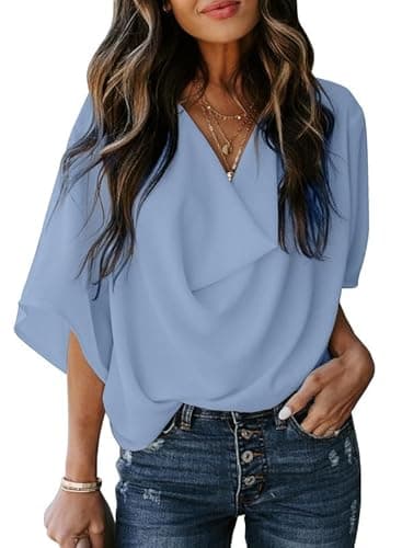 Dokotoo Womens Blouses and Tops Spring Summer Short Sleeve V Neck Solid Color Ladies Wrap Draped Front Business Casual Fashion Chiffon Shirts Dressy Tops Spring Clothes Outfits Sky Blue XX-Large