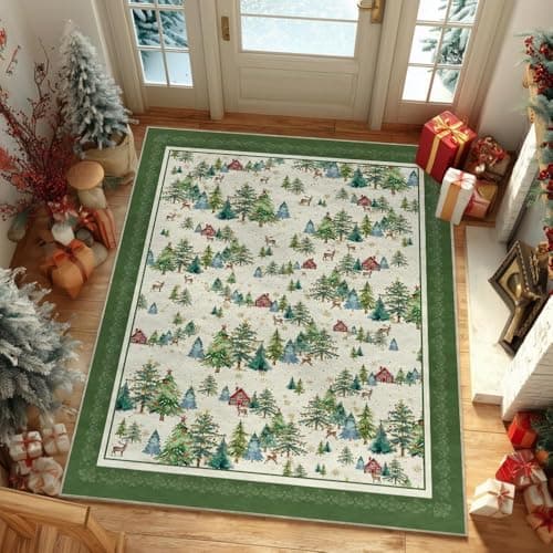 Artoid Mode Green Pine Tree House Christmas Area Rug, Winter Home Decor Low-Profile Non-Slip Washable Large Rug for Living Room Bedroom Farmhouse Dining Room Kids Playroom 5x7 Feet