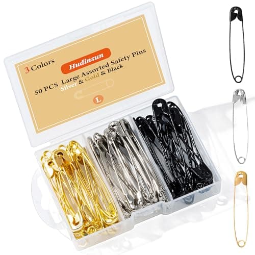 Hudinsun 50 PCS Large Safety Pins Assorted, Silver and Black and Gold Safety Pins Bulk for Sewing and Clothes(56mm)