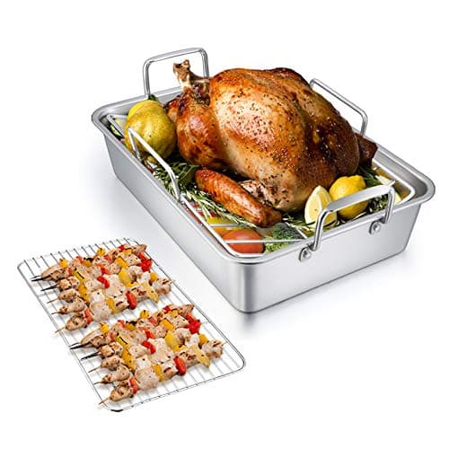 TeamFar Roasting Pan with Rack, 14 Inch Stainless Steel Turkey Roaster Lasagna Pan with V-Shaped Rack & Cooling Rack, Healthy & Sturdy, Brushed Surface & Dishwasher Safe, Rectangular - Set of 3