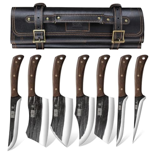HOSHANHO Butcher Knife Set, Hand Forged Butcher Chef Knife Set with Roll Bag, Sharp Meat Cleaver Knife & Bone Chopper Knives & Fillet Knives for Home & Camping & BBQ Gift for Men