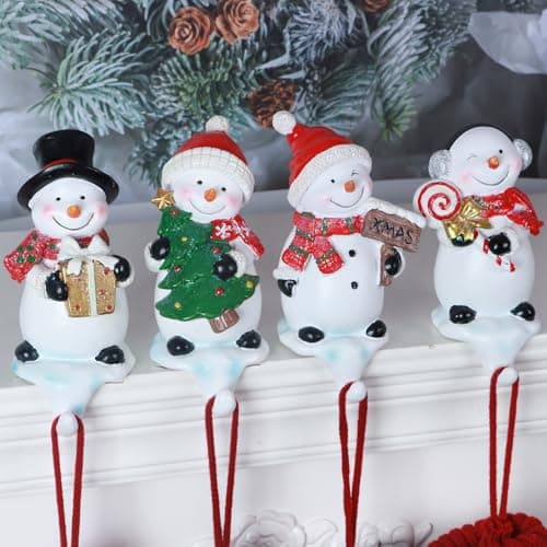 K-MLICE Stocking Holders for Mantle, 3D Christmas Stockings Holder Set of 4, Snowman Fireplace Stocking Holders for Mantle Christmas Stocking Hooks