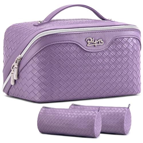 BOYATU Travel Makeup Bag Cosmetic Bags for Women: Large Capacity 3 Pcs Set Make up Bag with Compartments - Waterproof Vegan Leather Toiletry Organizer Bags with Handle (L01 Purple)