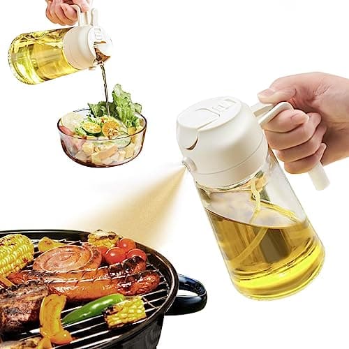 YARRAMATE Oil Sprayer for Cooking, 2 in 1 Olive Oil Dispenser Bottle for Kitchen, 16oz/470ml Premium Glass Oil Bottle, Food-grade Oil Mister for Air Fryer, Salad, Frying, BBQ (Creamy White)