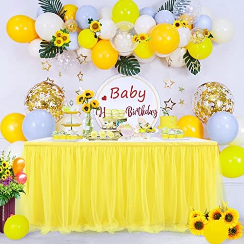 Suppromo Yellow Table Skirts for Rectangle Tables or Round Tables 6ft Ruffle Tulle Tutu Tablecloth for Sunflower Birthday Party Girls Lemonade Baby Shower Wedding Cake Dessert Table Decorations