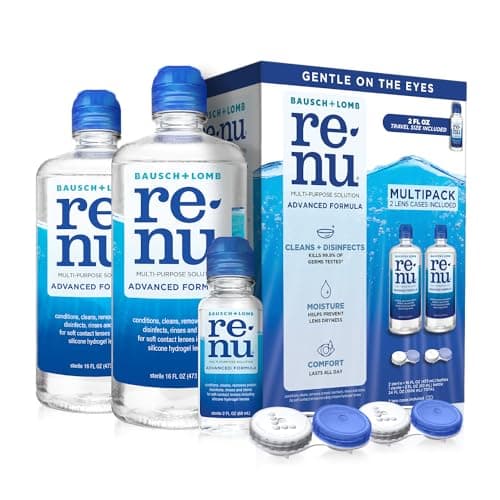 Renu Contact Lens Solution, Advanced Formula, Multi-Purpose Solution with Lens Case, Gently Cleans, Disinfects, Moisturizes & Hydrates Soft Lenses, 16 Fl Oz (Pack of 2) + Travel Size 2 Fl Oz