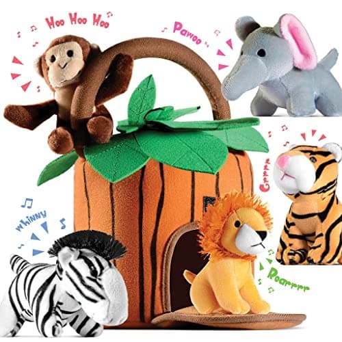 Play22 Plush Talking Stuffed Animals Jungle Set - Plush Toys Set with Carrier for Kids Babies & Toddlers - 6 Piece Set Baby Stuffed Animals includes Stuffed Elephant, Tiger, Lion, Zebra, Monkey