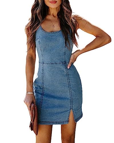 Womens Denim Dress Sexy Sleeveless Split Bodycon Mini Tube Jeans Short Dresses, Blue, Large