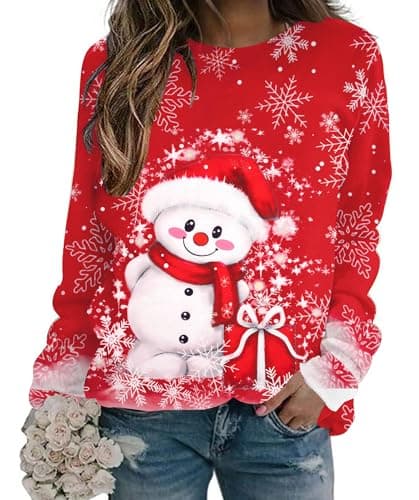 Merry Christmas Shirt for Women Crewneck Funny Snowman Graphic Sweatshirt Casual Holiday Long Sleeve Tops Red