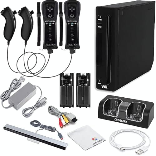 Nintendo Wii Console Bundle Black- With Wii Console Black, 2 Remotes & 2 Nunchuks Fully Compatible, Charging Dock, 2 Rechargeable Batteries, Motion Sensor Bar & Accessories (Renewed)