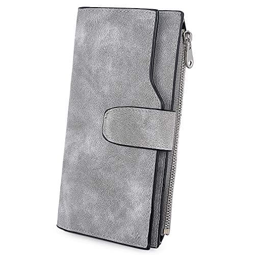 UTO RFID Wallet for Women PU Matte Leather Card Holder Organizer Zipper Coin Purse with Snap Closure Grey