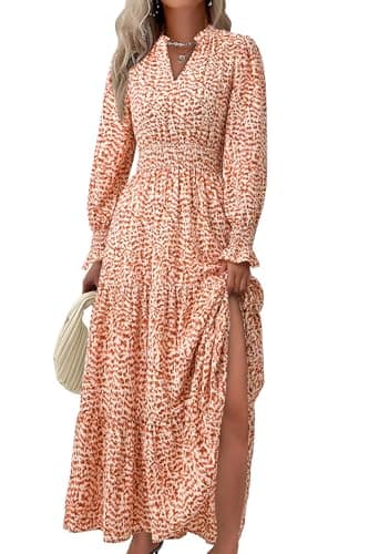 PRETTYGARDEN Women's Floral Maxi Dress 2025 Spring Long Sleeve V Neck Casual A Line Long Flowy Boho Party Dresses (Floral Orange,Large)