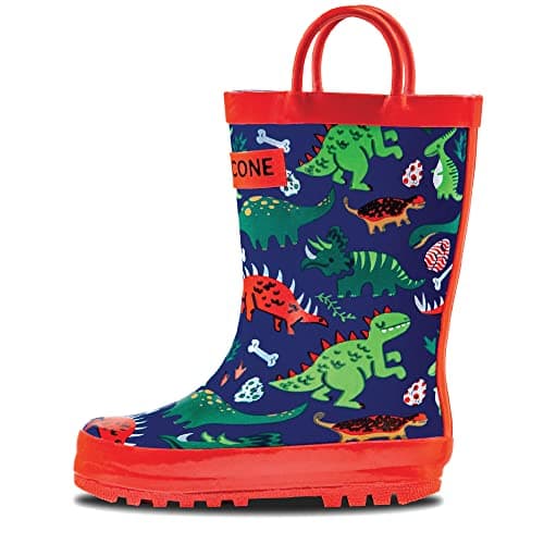 Lone Cone Rain Boots with Easy-On Handles in Fun Patterns for Boys and Girls, Play-Proof Flexible Rubber, Durable Non-Slip Treads, Kid-Friendly for Hours of Joy - Puddle-a-Saurus, 9 Toddler