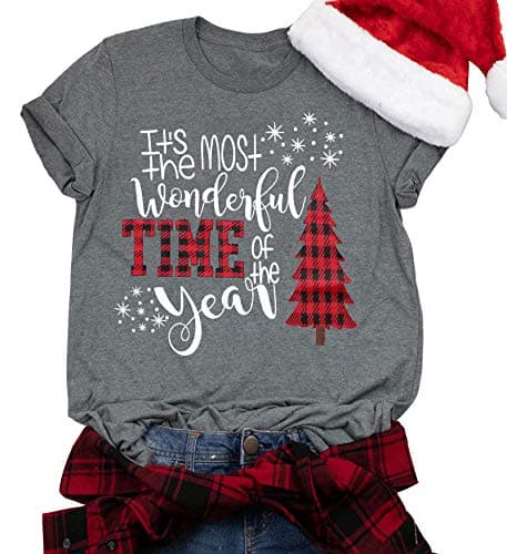 Merry Christmas Shirts for Women Xmas Buffalo Plaid Tree Shirt Top Short Sleeve Casual Graphic Print T Shirt Grey