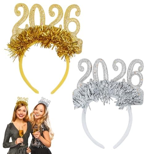 WRBAJIS 2026 New Years Headband 2Pcs Glitter Gold Silver Hair Bands Happy New Years Hair Accessories for Adult Kids Christmas New Years Eve Party Supplies