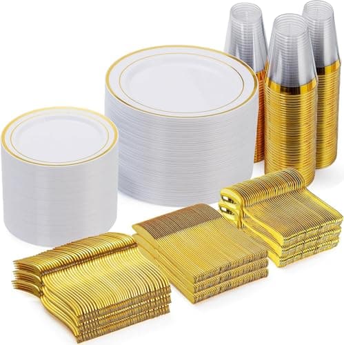 Goodluck 600 Pieces Gold Disposable Plates for 100 Guests, Plastic Plates for Party, Dinnerware Set of 100 Dinner and 100 Dessert Plates, 100 Spoons, 100 Forks, 100 Knives, 100 Cups
